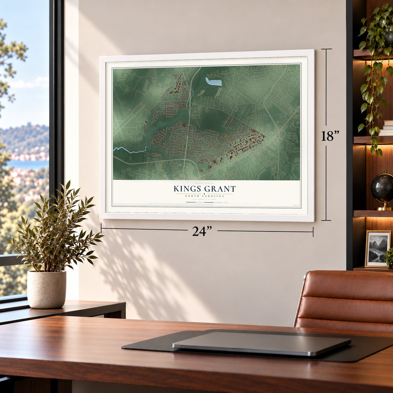 Kings Grant, North Carolina map, 18 x 24 inch print in a white frame in a home office