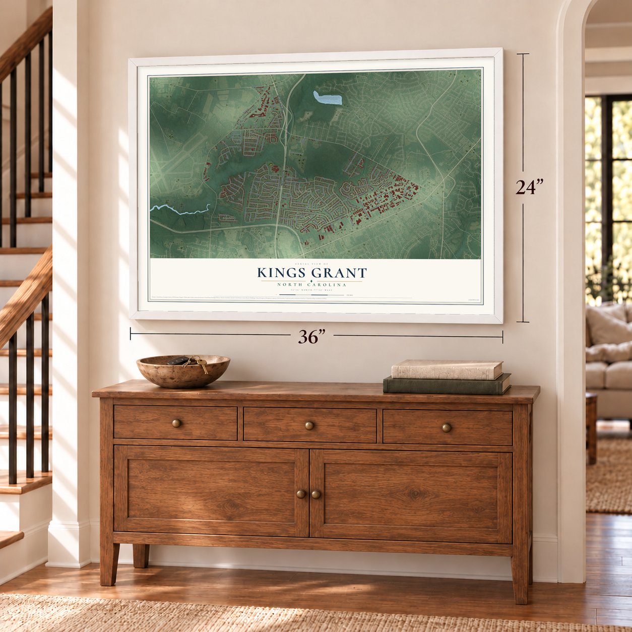 Kings Grant, North Carolina map, 24 x 36 inch print in a white frame above a dresser by a staircase