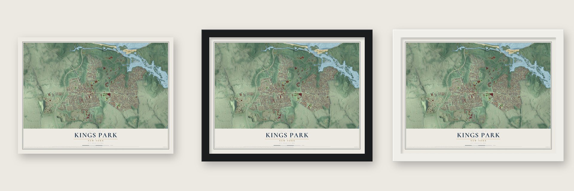 Kings Park, New York map unframed, in a black wood frame and in a white wood frame