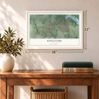 Kings Park, New York map, 12 x 18 inch print in a white frame in an entryway