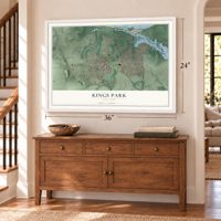 Kings Park, New York map, 24 x 36 inch print in a white frame above a dresser by a staircase
