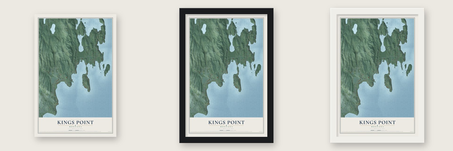 Kings Point, Montana map unframed, in a black wood frame and in a white wood frame