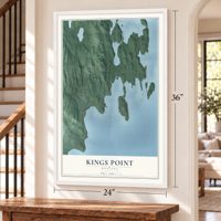 Kings Point, Montana map, 24 x 36 inch print in a white frame by a staircase