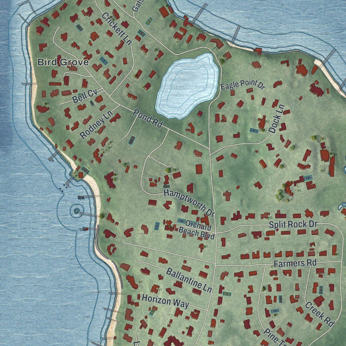 Second close-up of the map of Kings Point, New York print showing more streets and buildings