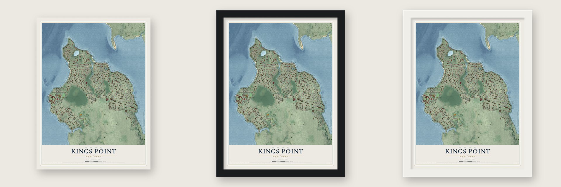 Kings Point, New York map unframed, in a black wood frame and in a white wood frame