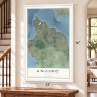 Kings Point, New York map, 24 x 36 inch print in a white frame by a staircase