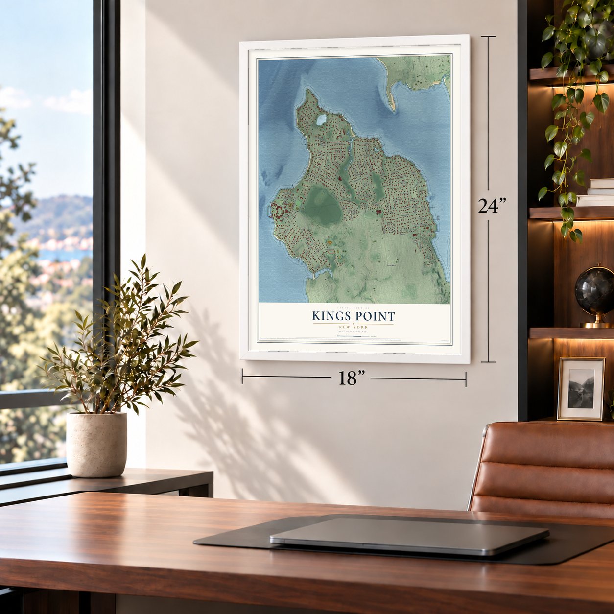 Kings Point, New York map, 18 x 24 inch print in a white frame in a home office