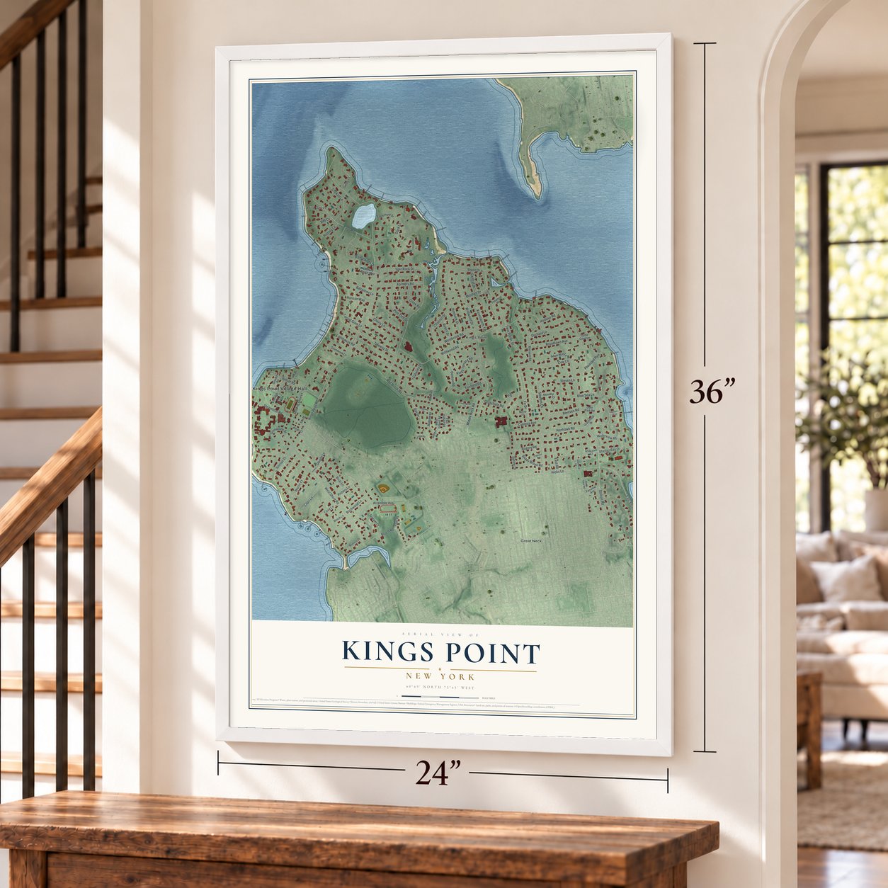 Kings Point, New York map, 24 x 36 inch print in a white frame by a staircase