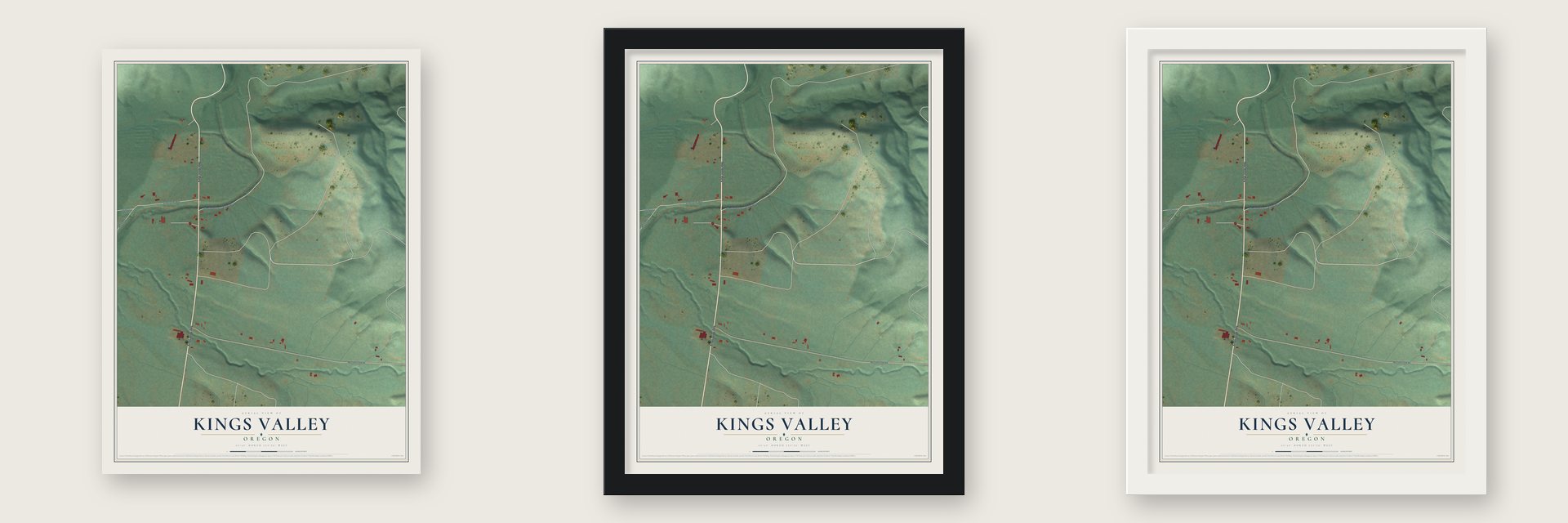 Kings Valley, Oregon map unframed, in a black wood frame and in a white wood frame