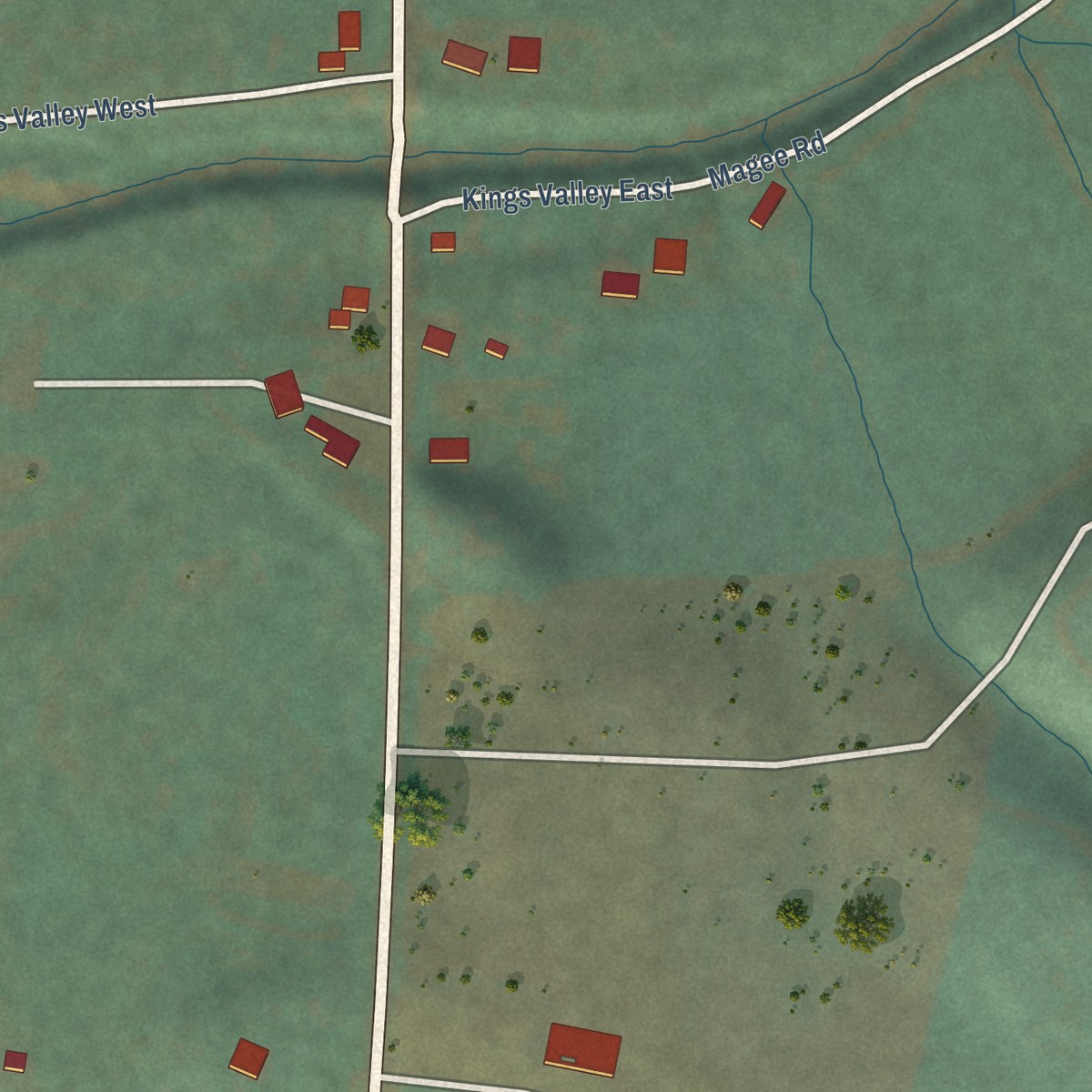 Second close-up of the map of Kings Valley, Oregon print showing more streets and buildings