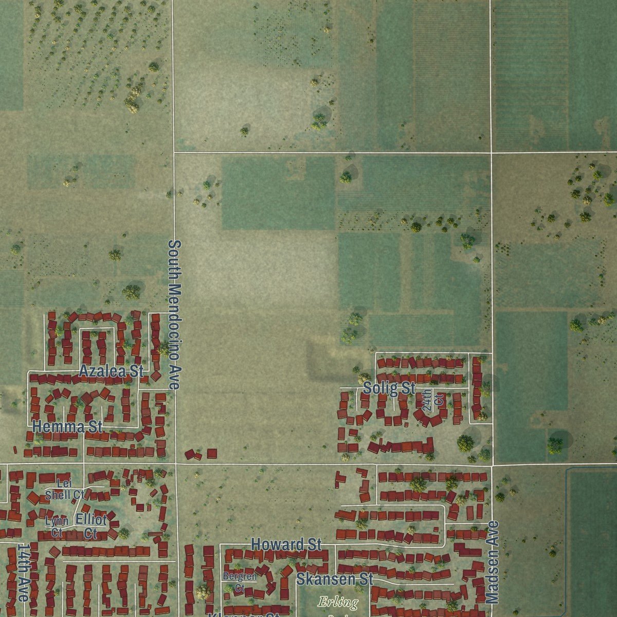 Second close-up of the map of Kingsburg, California print showing more streets and buildings