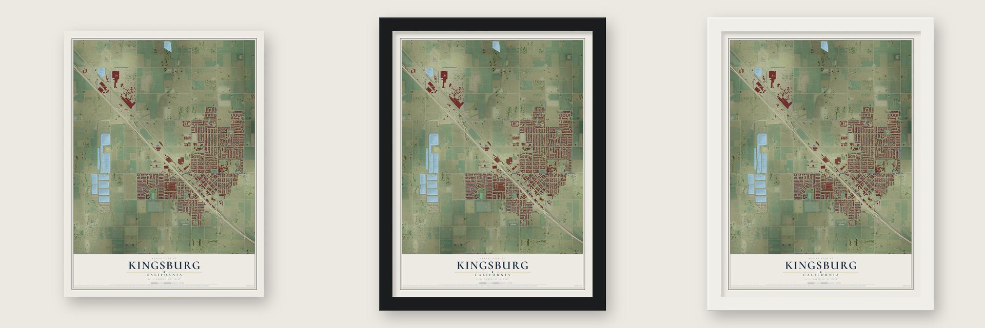 Kingsburg, California map unframed, in a black wood frame and in a white wood frame
