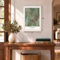 Kingsburg, California map, 12 x 18 inch print in a white frame in an entryway