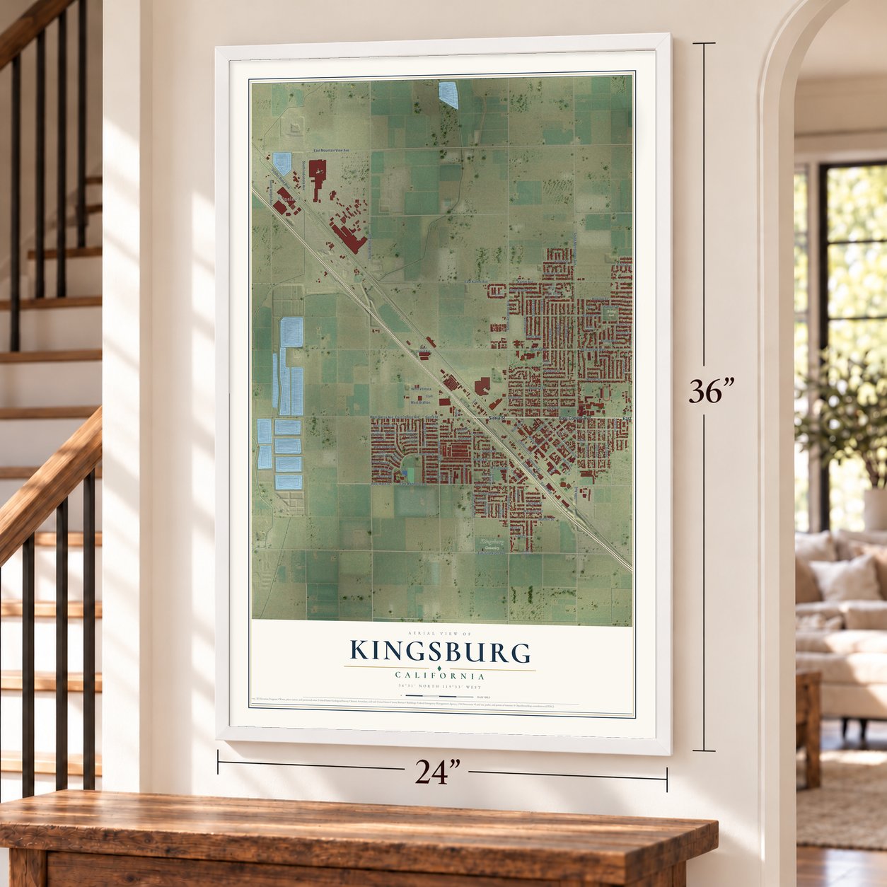 Kingsburg, California map, 24 x 36 inch print in a white frame by a staircase