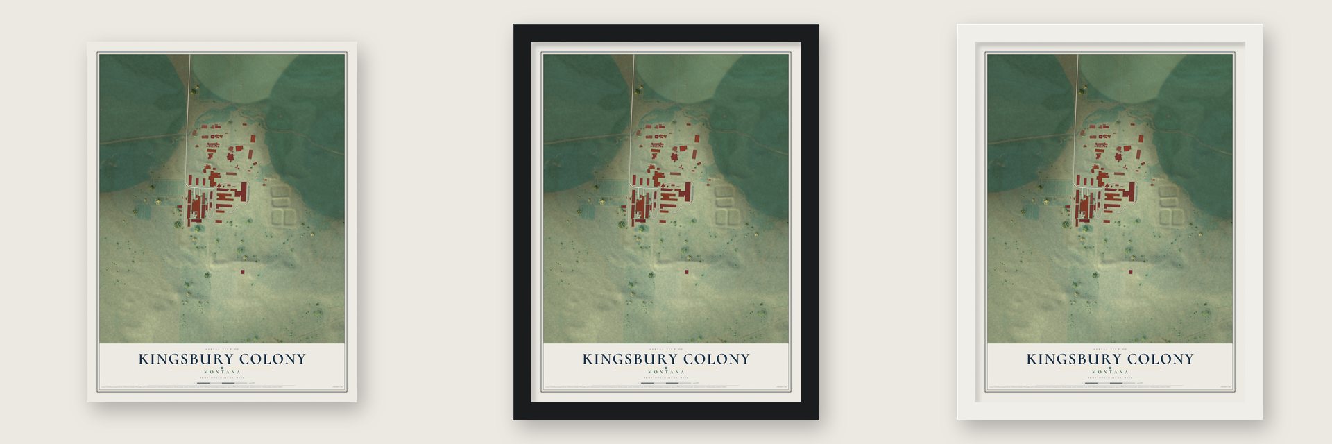 Kingsbury Colony, Montana map unframed, in a black wood frame and in a white wood frame
