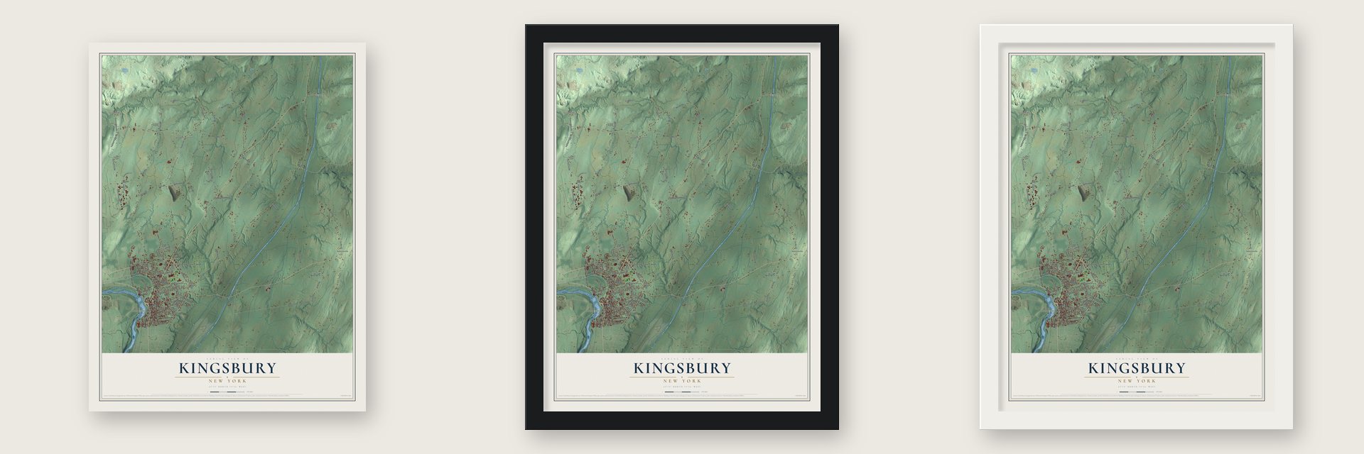 Kingsbury, New York map unframed, in a black wood frame and in a white wood frame