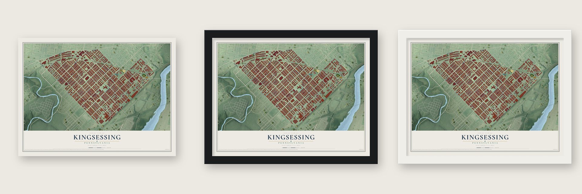 Kingsessing, Pennsylvania map unframed, in a black wood frame and in a white wood frame