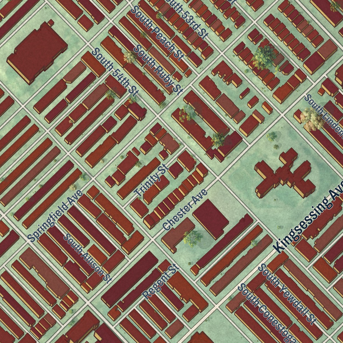 Second close-up of the map of Kingsessing, Pennsylvania print showing more streets and buildings