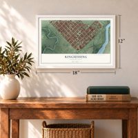 Kingsessing, Pennsylvania map, 12 x 18 inch print in a white frame in an entryway
