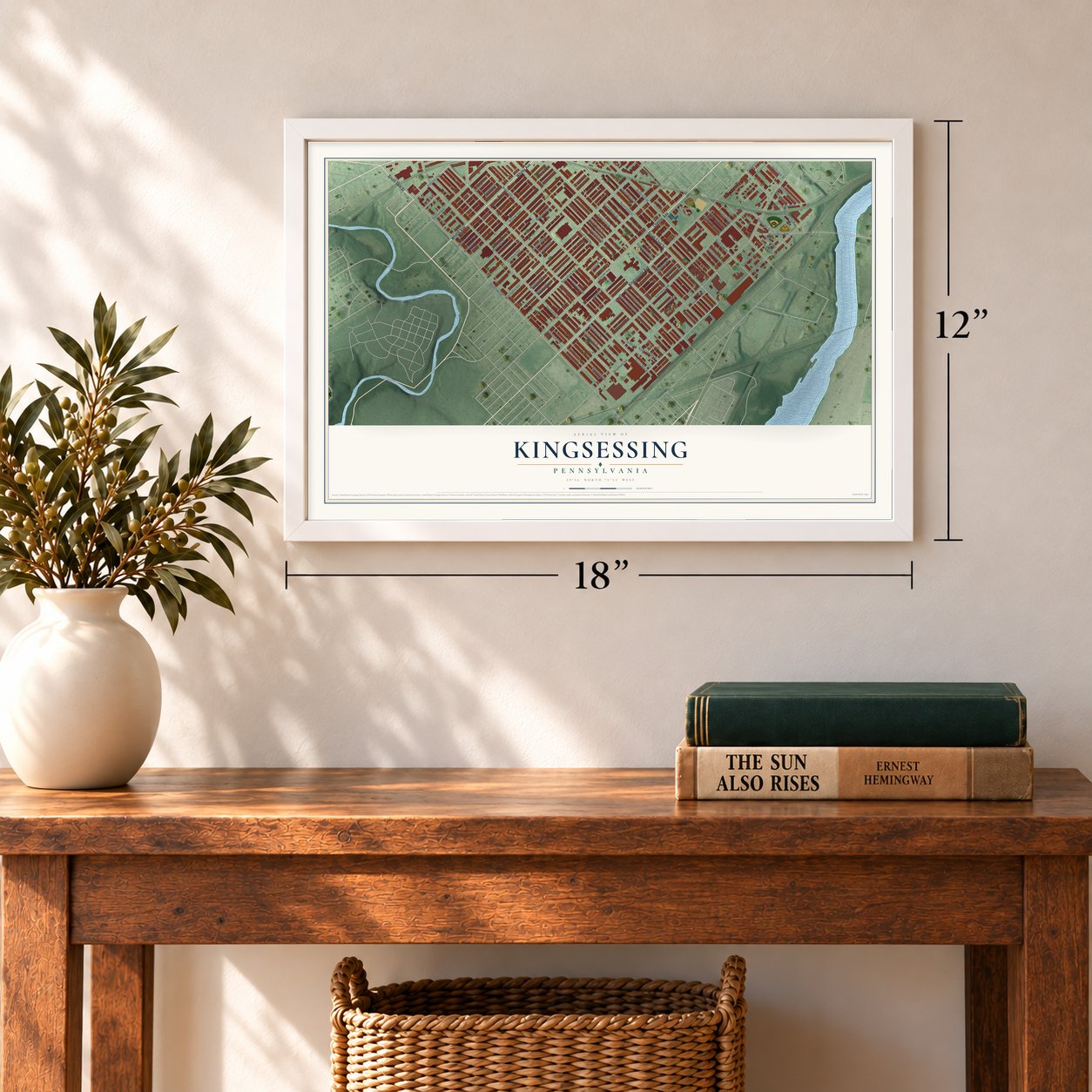 Kingsessing, Pennsylvania map, 12 x 18 inch print in a white frame in an entryway