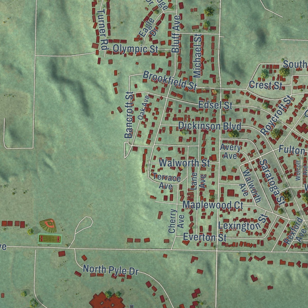 Second close-up of the map of Kingsford, Michigan print showing more streets and buildings
