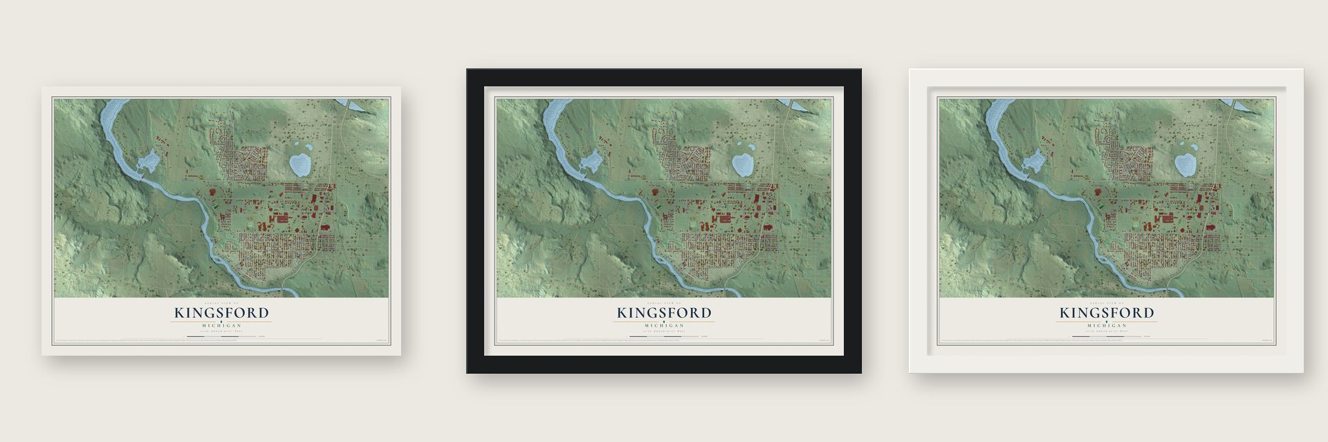 Kingsford, Michigan map unframed, in a black wood frame and in a white wood frame
