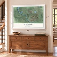 Kingsford, Michigan map, 24 x 36 inch print in a white frame above a dresser by a staircase