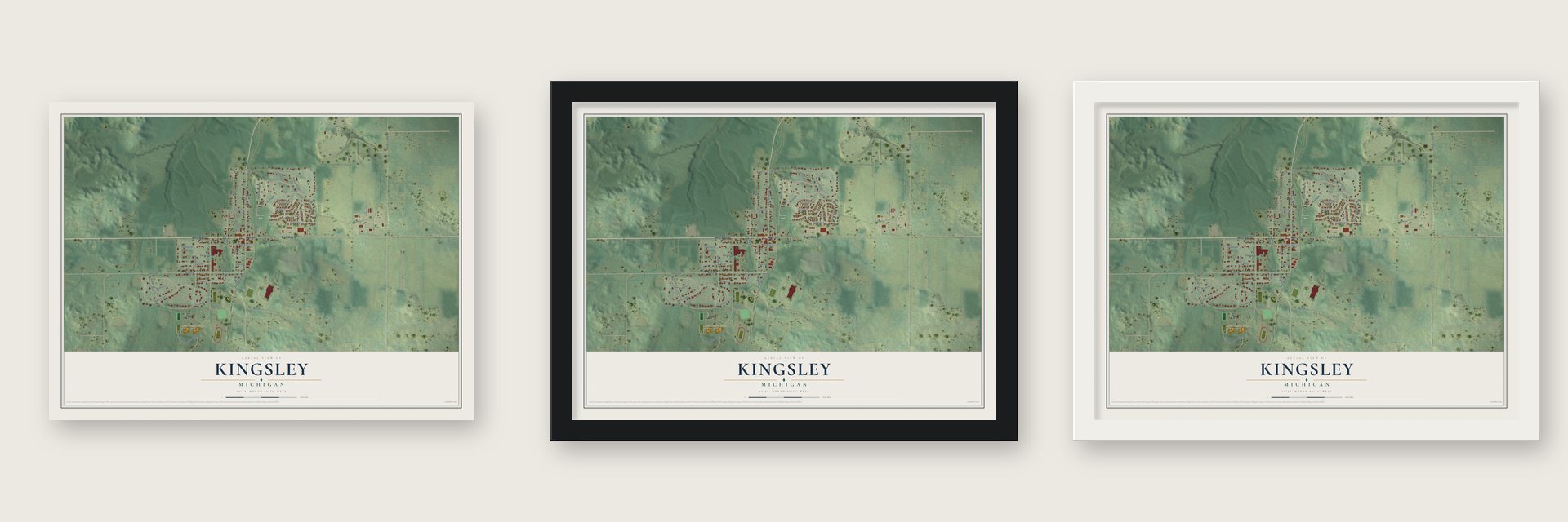 Kingsley, Michigan map unframed, in a black wood frame and in a white wood frame