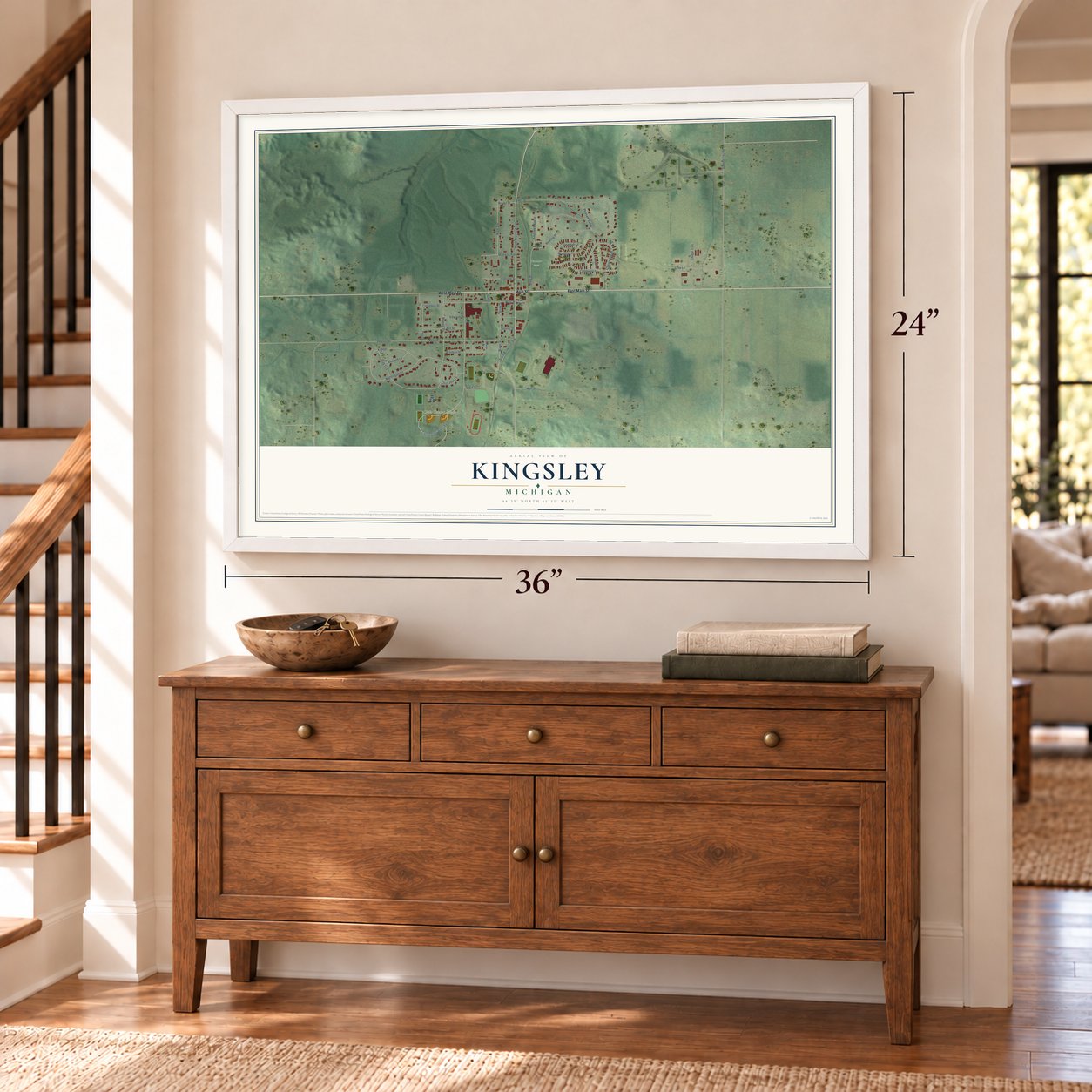 Kingsley, Michigan map, 24 x 36 inch print in a white frame above a dresser by a staircase