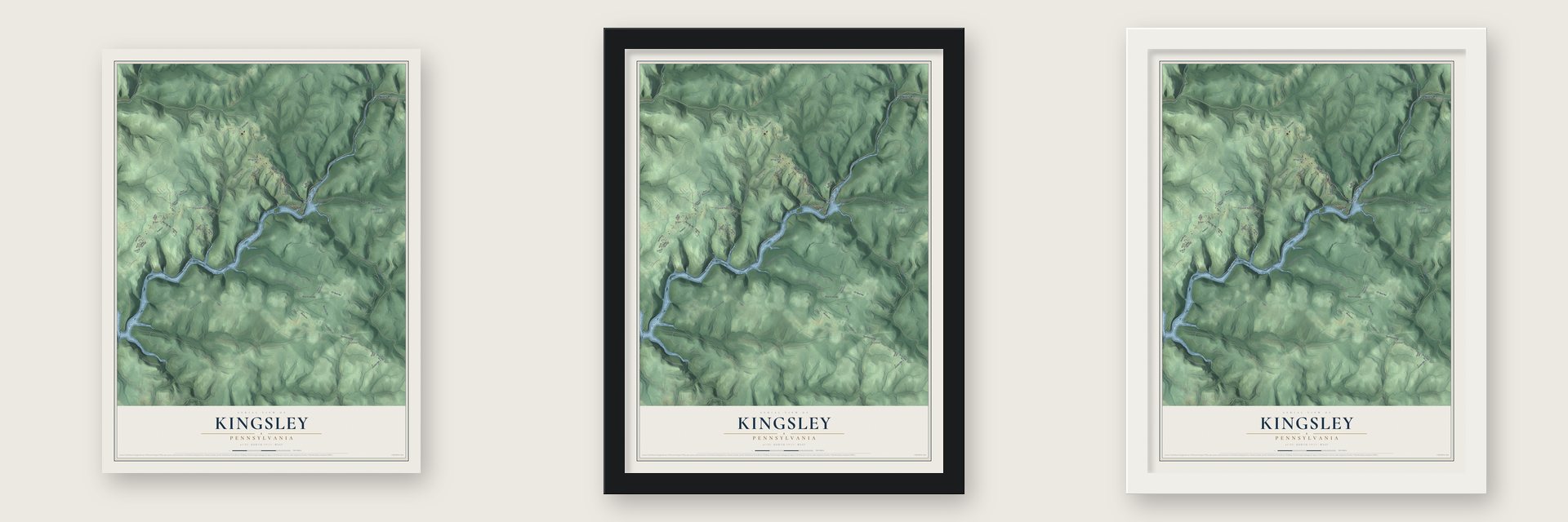 Kingsley, Pennsylvania map unframed, in a black wood frame and in a white wood frame