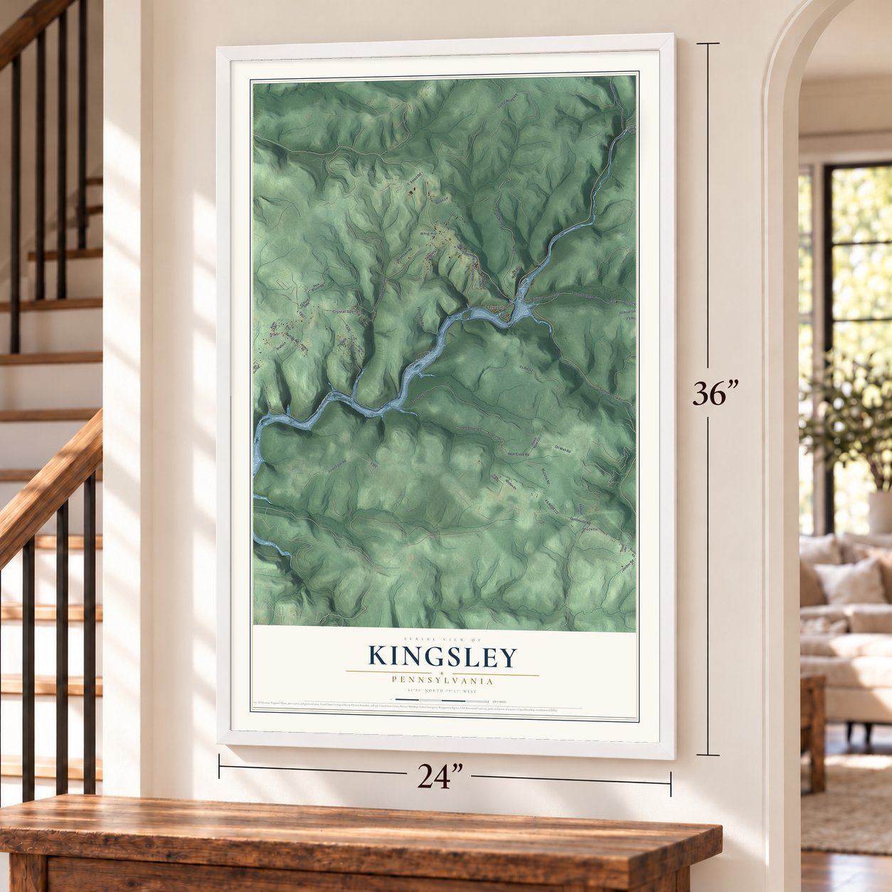 Kingsley, Pennsylvania map, 24 x 36 inch print in a white frame by a staircase