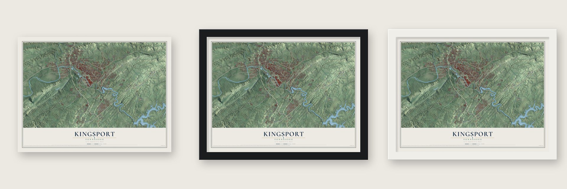 Kingsport, Tennessee map unframed, in a black wood frame and in a white wood frame