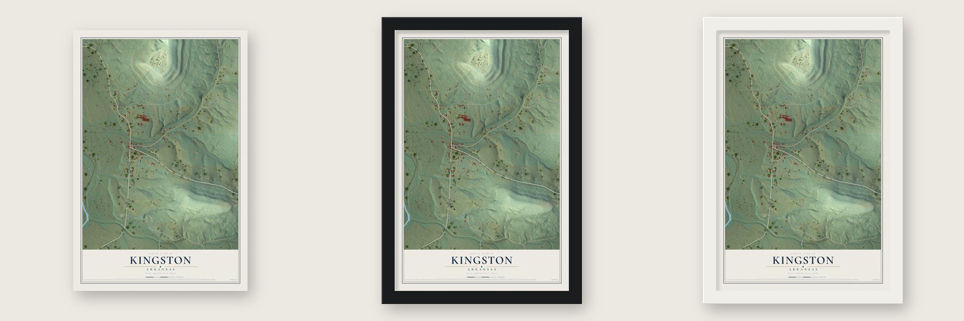 Kingston, Arkansas map unframed, in a black wood frame and in a white wood frame