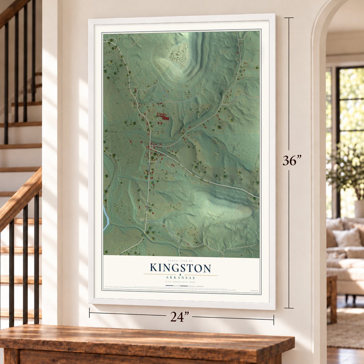 Kingston, Arkansas map, 24 x 36 inch print in a white frame by a staircase