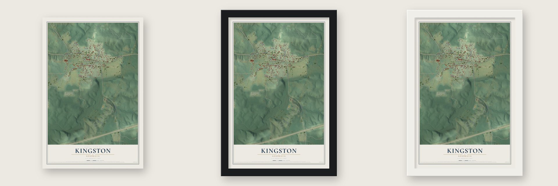 Kingston, Georgia map unframed, in a black wood frame and in a white wood frame