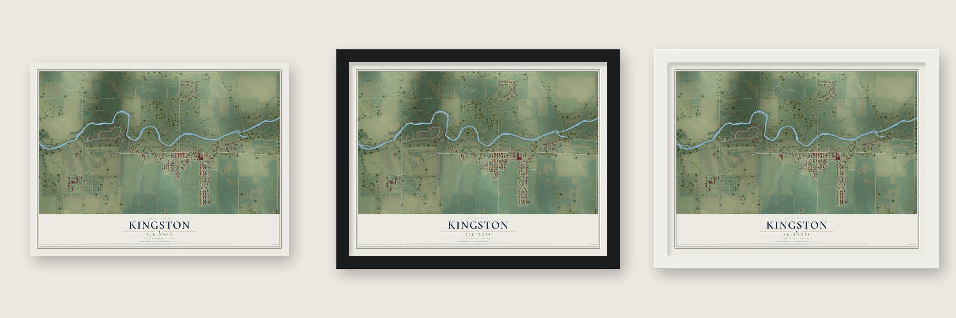 Kingston, Illinois map unframed, in a black wood frame and in a white wood frame