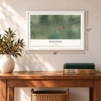 Kingston, Illinois map, 12 x 18 inch print in a white frame in an entryway