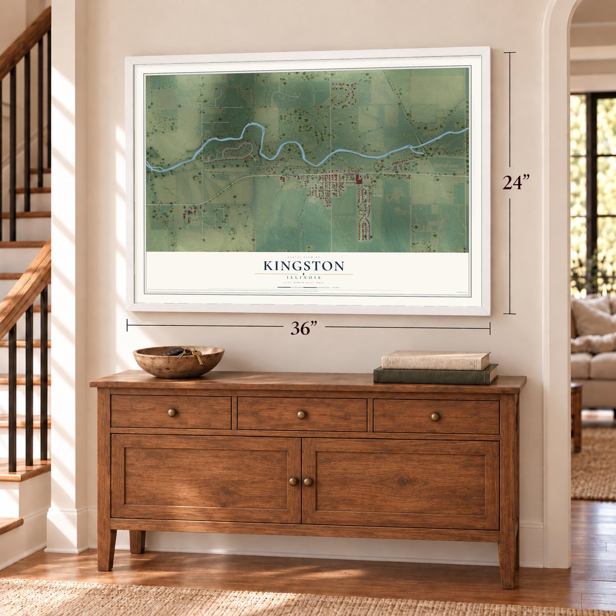 Kingston, Illinois map, 24 x 36 inch print in a white frame above a dresser by a staircase