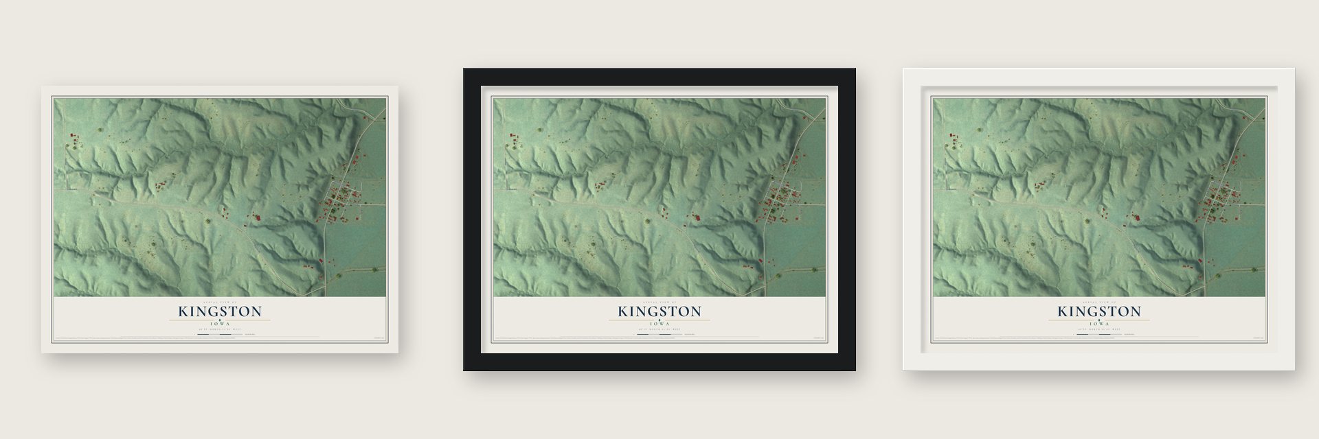 Kingston, Iowa map unframed, in a black wood frame and in a white wood frame