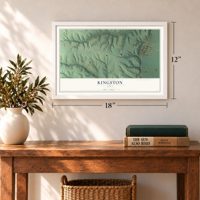 Kingston, Iowa map, 12 x 18 inch print in a white frame in an entryway