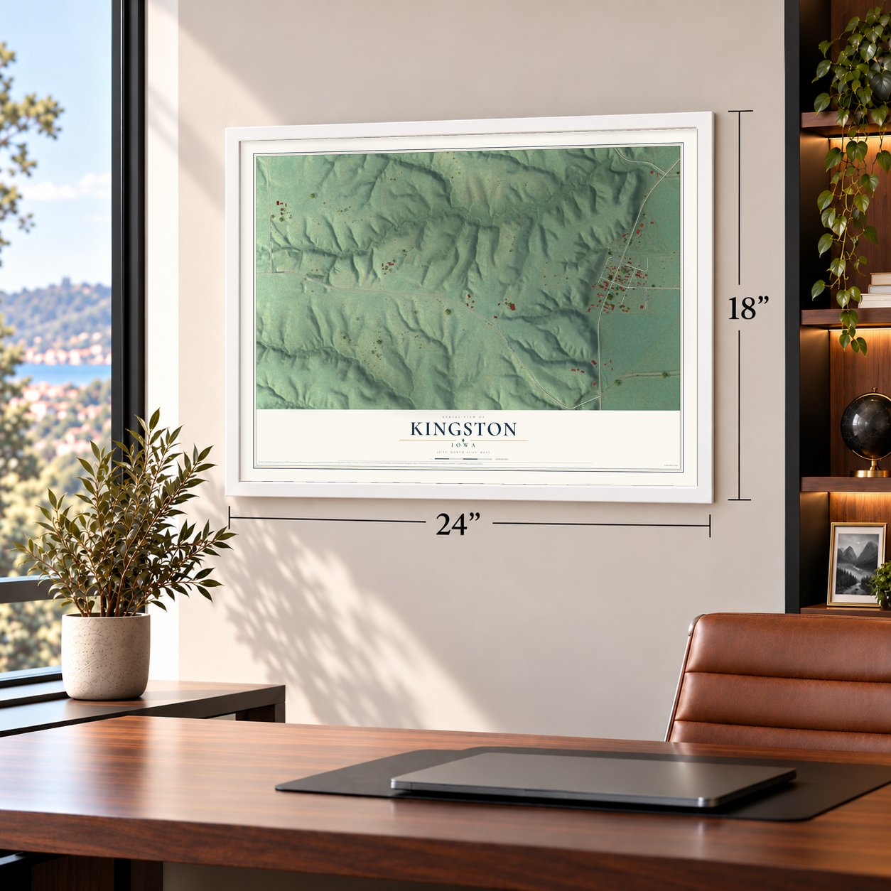 Kingston, Iowa map, 18 x 24 inch print in a white frame in a home office