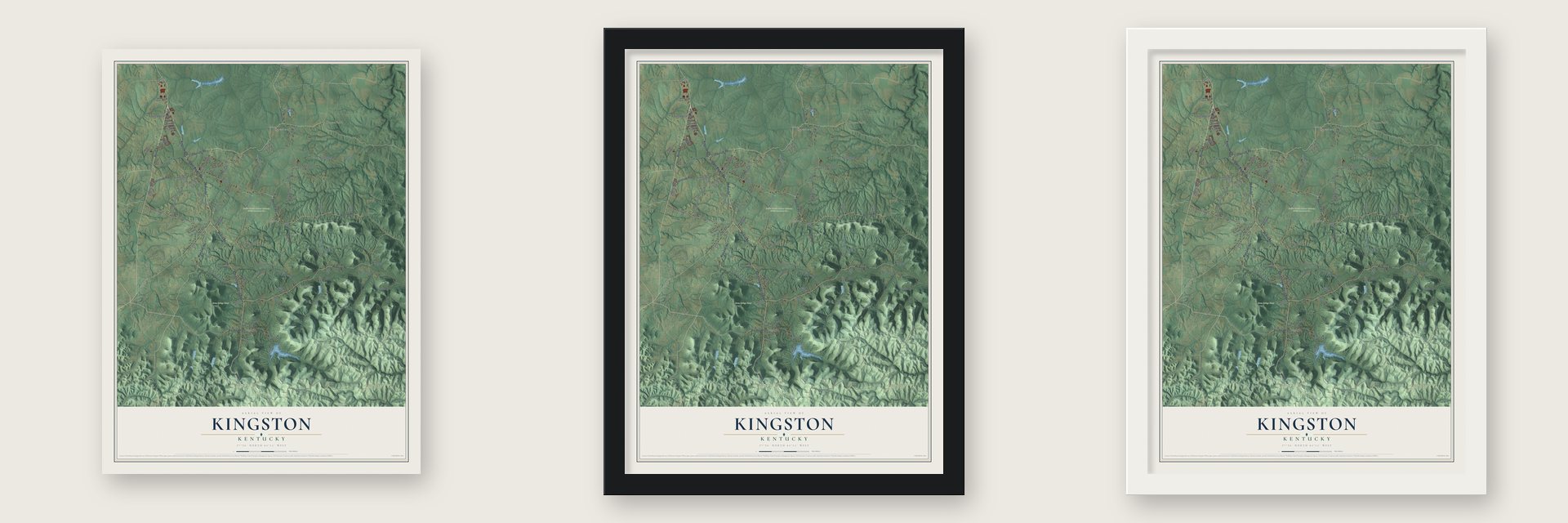 Kingston, Kentucky map unframed, in a black wood frame and in a white wood frame