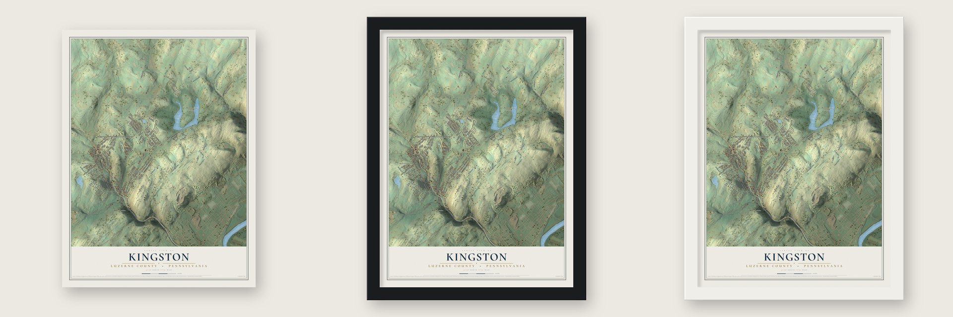 Kingston, Luzerne County, Pennsylvania map unframed, in a black wood frame and in a white wood frame