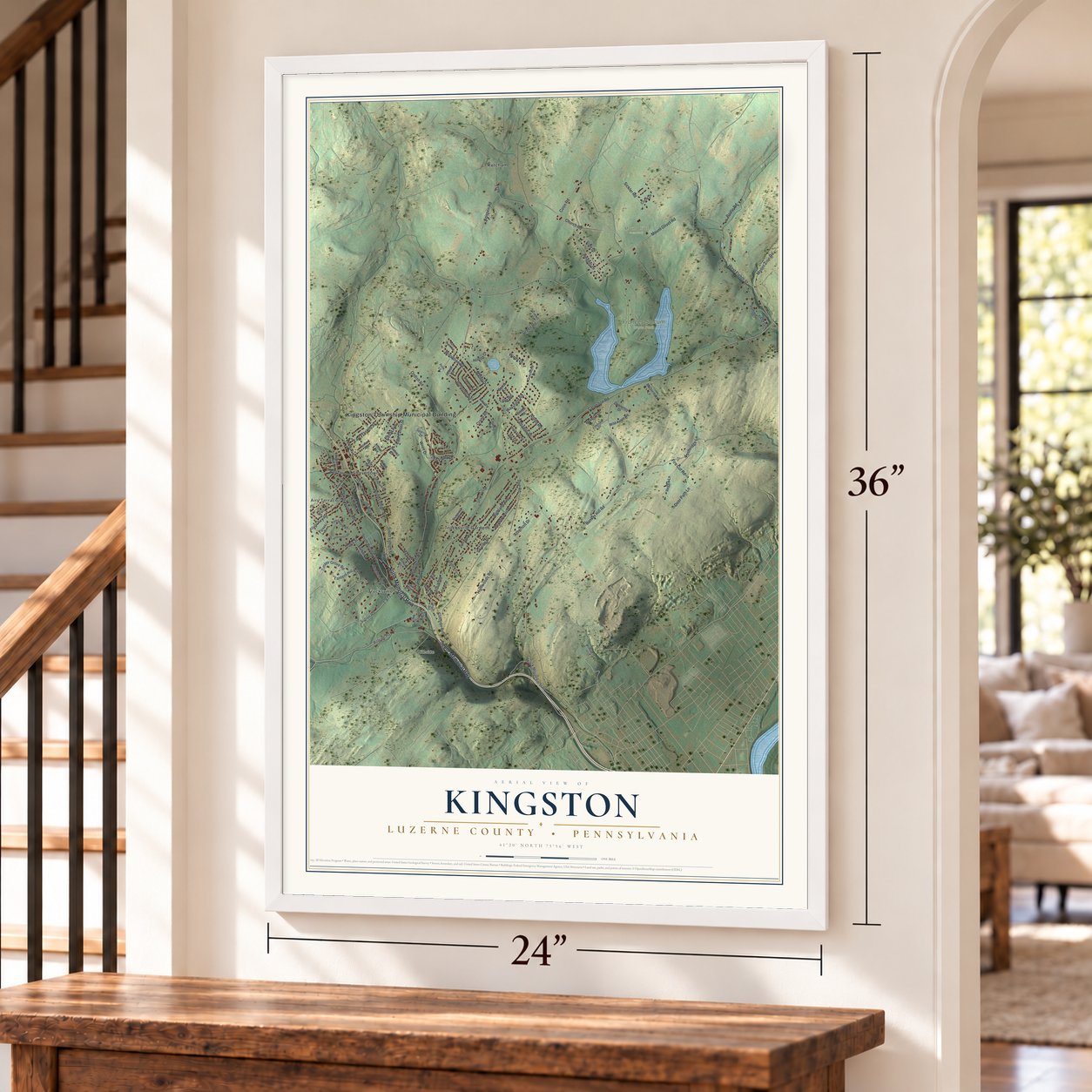 Kingston, Luzerne County, Pennsylvania map, 24 x 36 inch print in a white frame by a staircase