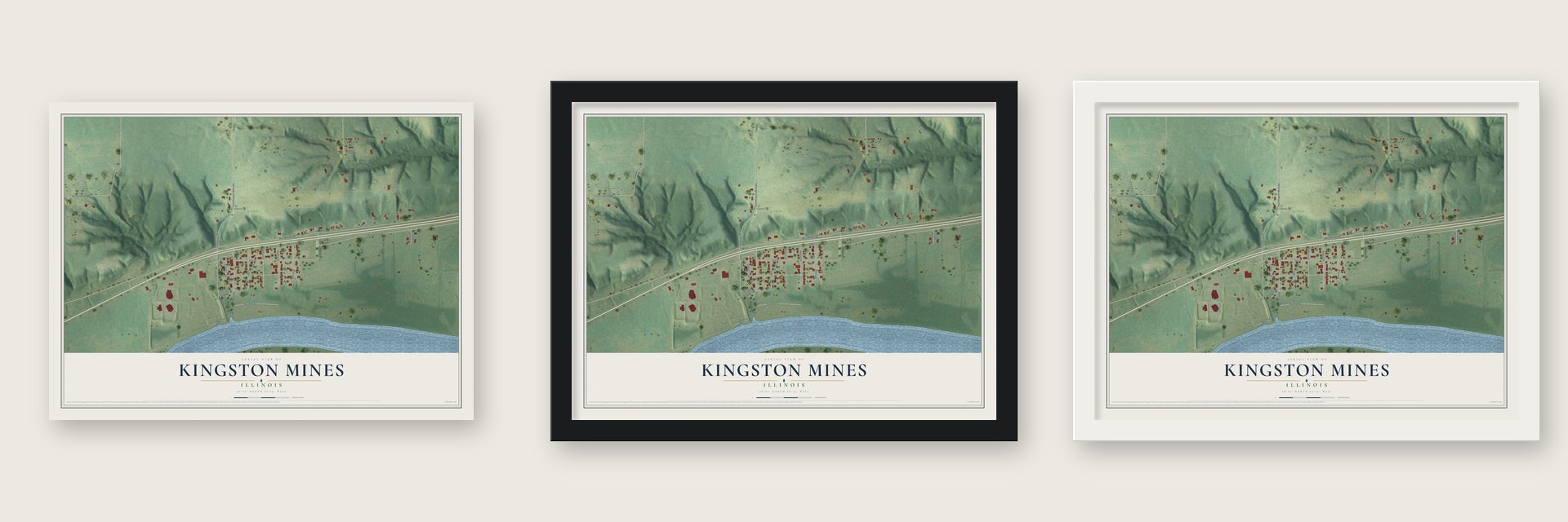 Kingston Mines, Illinois map unframed, in a black wood frame and in a white wood frame
