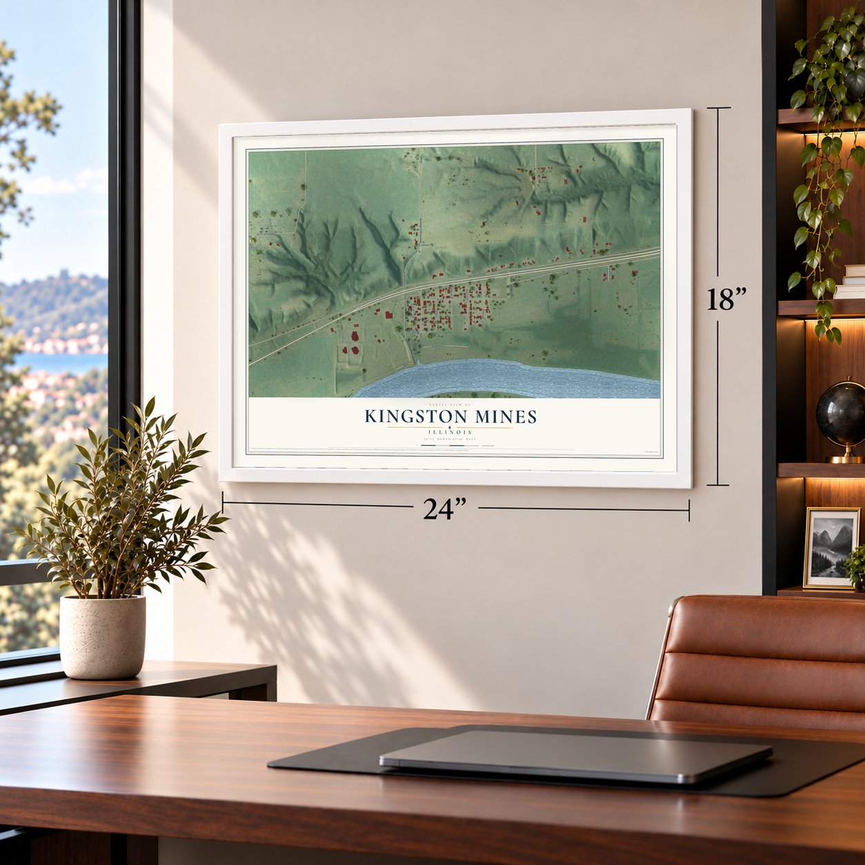 Kingston Mines, Illinois map, 18 x 24 inch print in a white frame in a home office