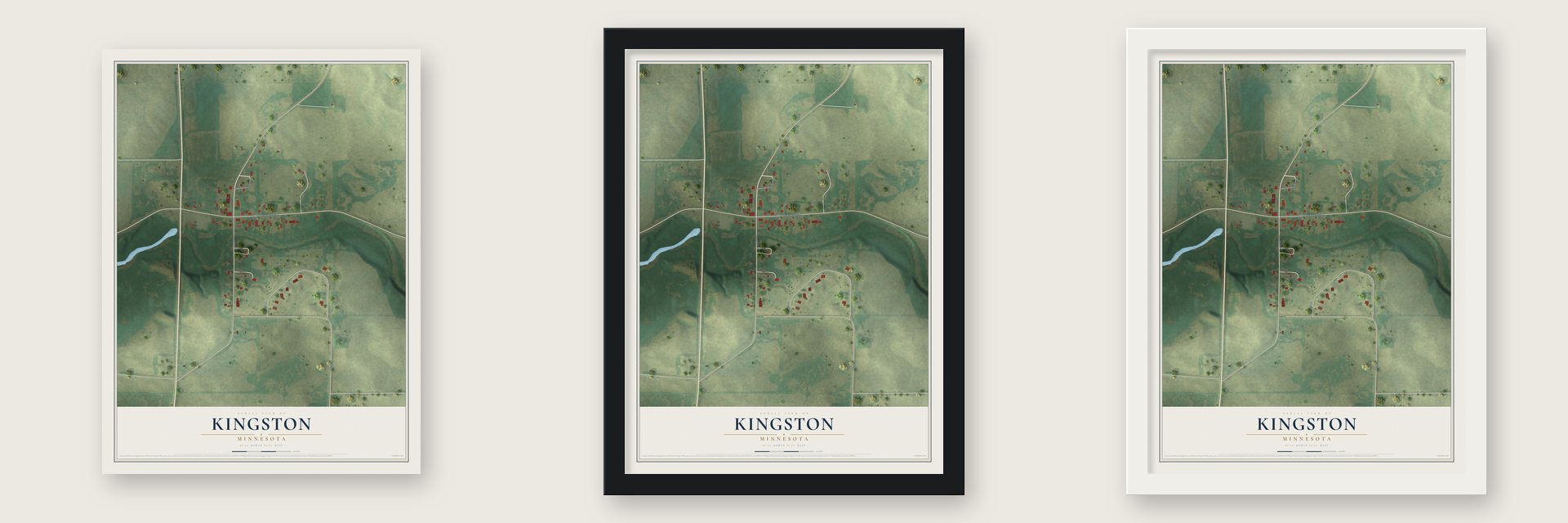 Kingston, Minnesota map unframed, in a black wood frame and in a white wood frame
