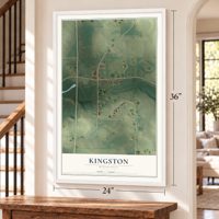 Kingston, Minnesota map, 24 x 36 inch print in a white frame by a staircase