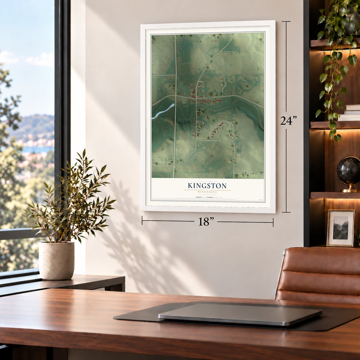 Kingston, Minnesota map, 18 x 24 inch print in a white frame in a home office