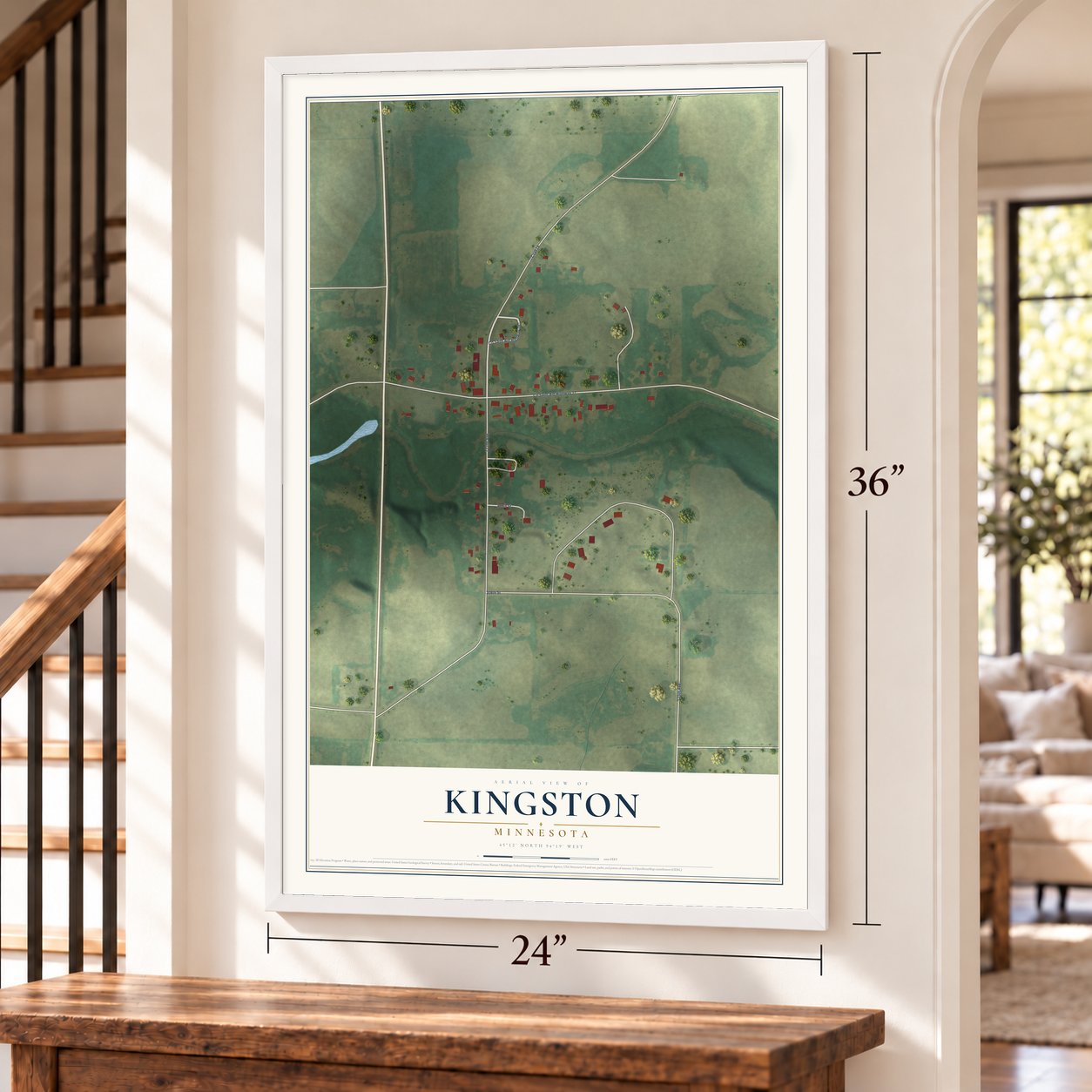 Kingston, Minnesota map, 24 x 36 inch print in a white frame by a staircase
